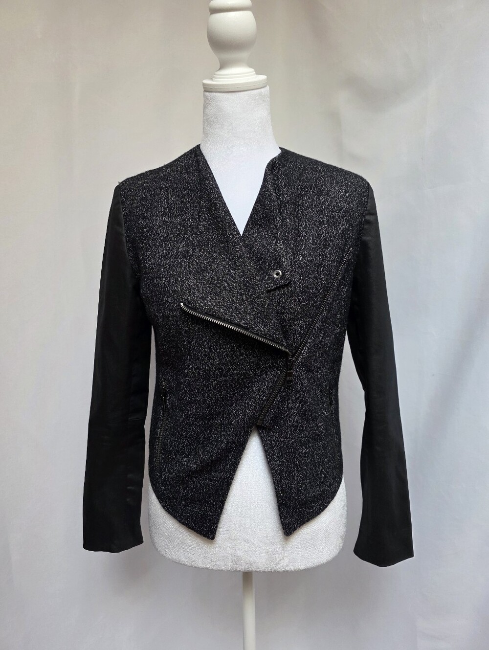Banana Republic Petite 0P Black Boucle Tweed Moto Jacket Asymmetrical Zip